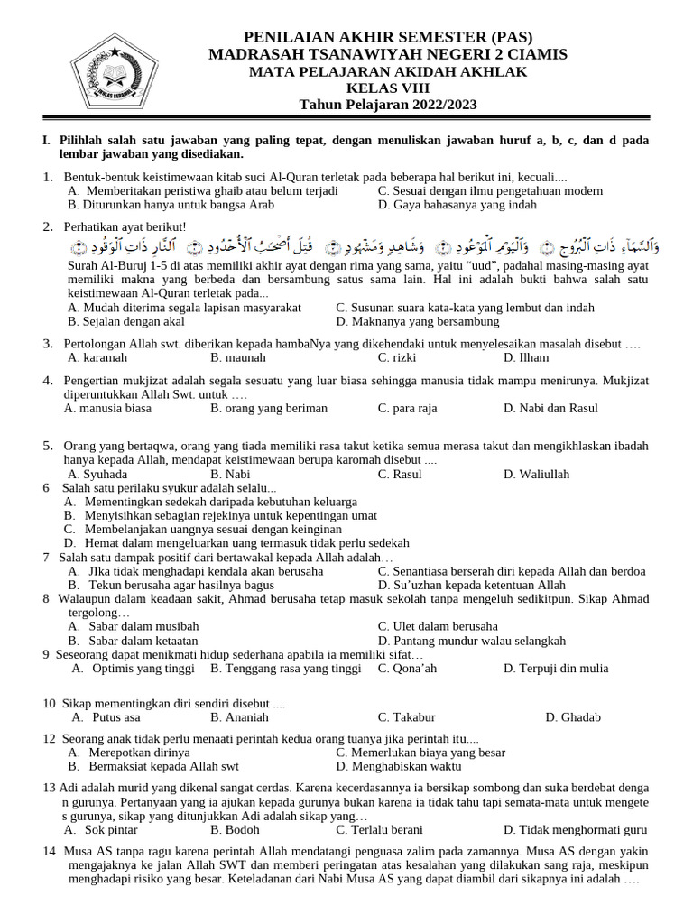 5 Contoh Kisi-Kisi Soal Uraian Aqidah Akhlak Kelas 8 Semester 1 yang Wajib Dipelajari 5 Contoh Kisi-Kisi Soal Uraian Aqidah Akhlak Kelas 8 Semester 1 yang Wajib Dipelajari