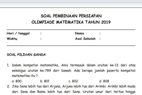 Soal Olimpiade Matematika Kelas 1 Sd Dalchaebi Soal Olimpiade Matematika Kelas 1 Sd Dalchaebi