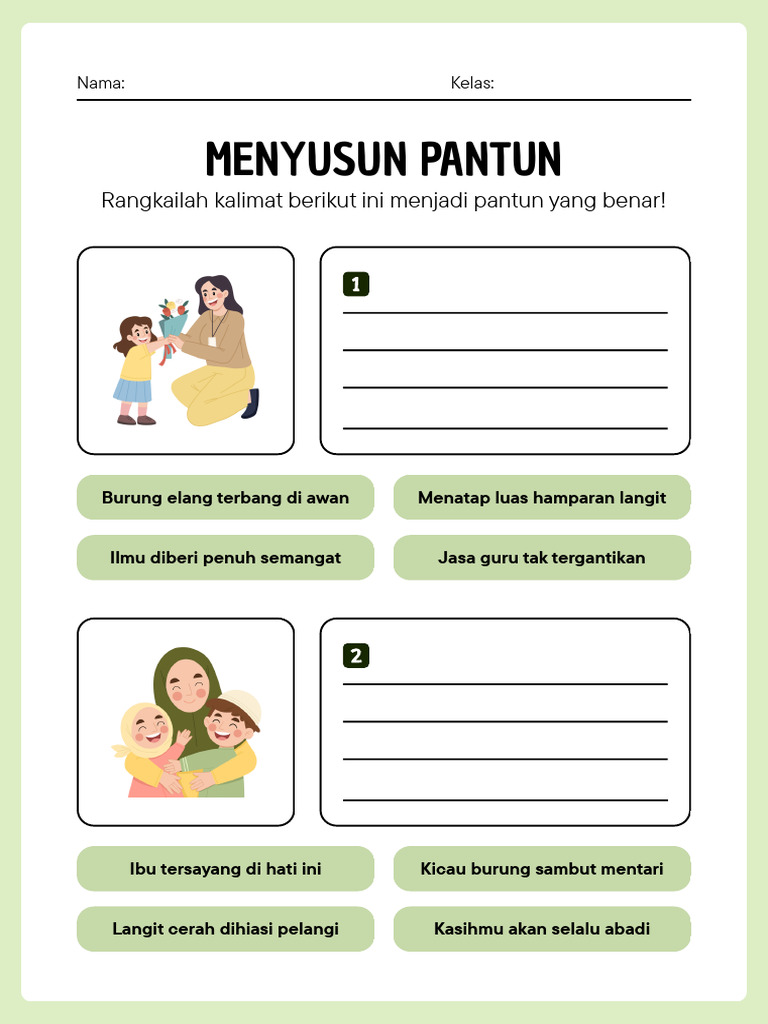 Belajar Menyusun Pantun Lembar Kerja Hijau Ilustrasi PDF Belajar Menyusun Pantun Lembar Kerja Hijau Ilustrasi PDF