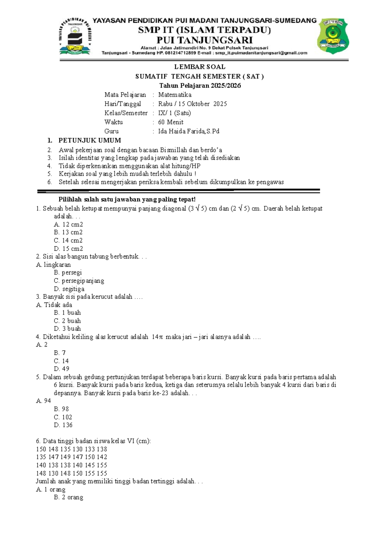 Soal Ujian Tengah Semester STS Matematika Kelas 9 - Studocu Soal Ujian Tengah Semester STS Matematika Kelas 9 - Studocu