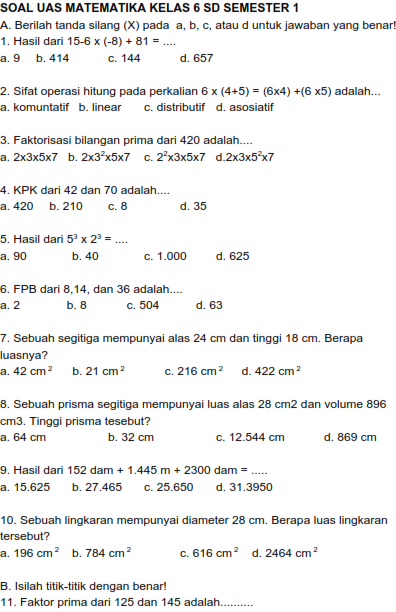 Download Bank Soal UAS SD Kelas 1 6 Semester 1 dan 2 Tahun 20152016