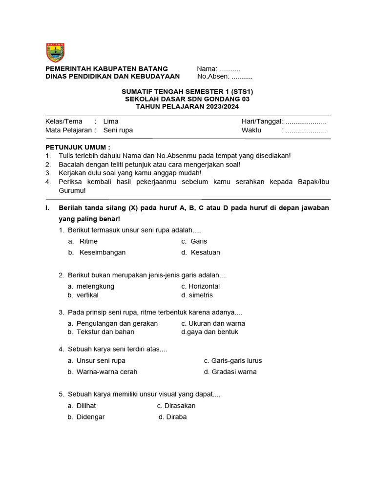 contoh soal karya seni rupa kelas 5 semester 2