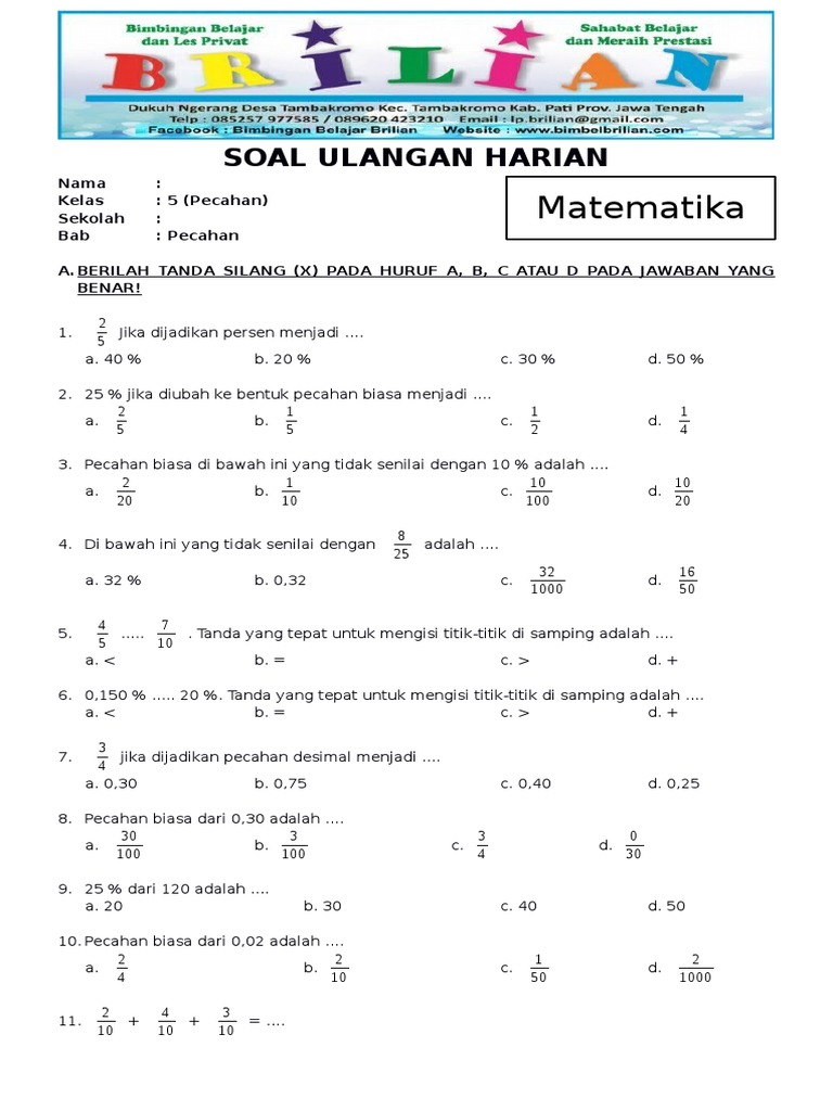 Soal Matematika Kelas 4 Pecahan Dan Kunci Jawaban Dalchaebi