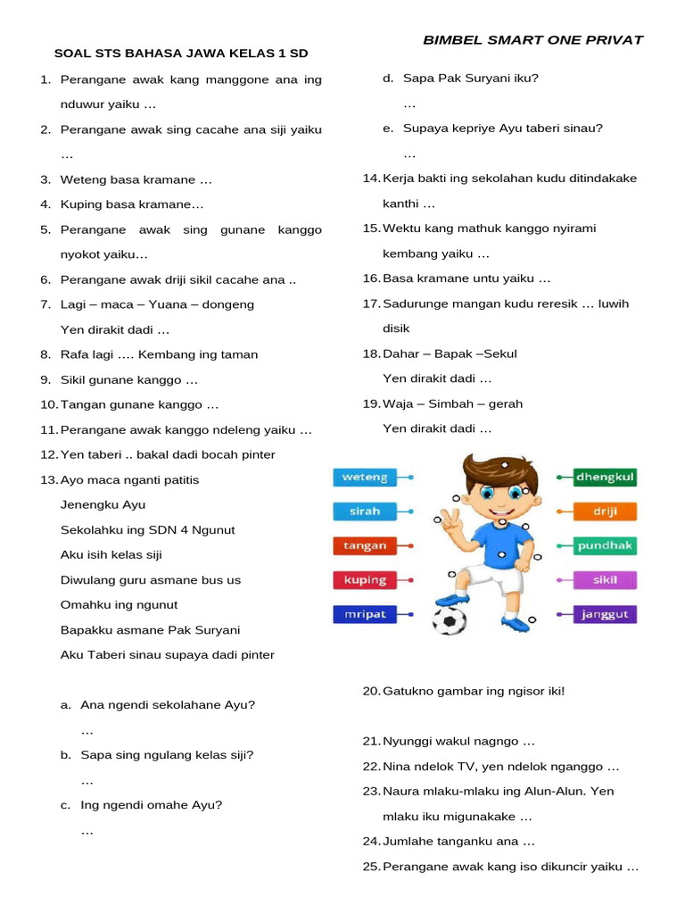 Soal Sts Bahasa Jawa Kelas 1 SD PDF Soal Sts Bahasa Jawa Kelas 1 SD PDF