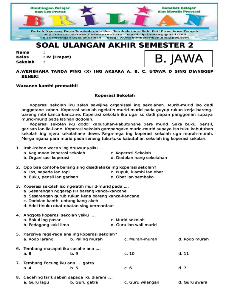 7 Fakta Mengejutkan Soal Bahasa Jawa Kelas 4 Semester 2 dan Kunci Jawabannya yang Wajib Diketahui 7 Fakta Mengejutkan Soal Bahasa Jawa Kelas 4 Semester 2 dan Kunci Jawabannya yang Wajib Diketahui