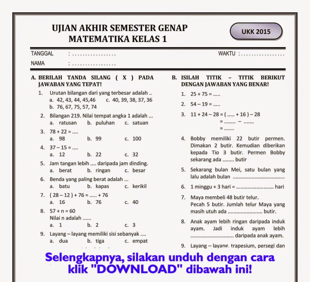 Akhirnya Tersedia Contoh Kisi-kisi Soal Ulangan Semester Kelas 1 SD Kurikulum 2013 yang Wajib Dipelajari Sebelum Ujian Akhirnya Tersedia Contoh Kisi-kisi Soal Ulangan Semester Kelas 1 SD Kurikulum 2013 yang Wajib Dipelajari Sebelum Ujian