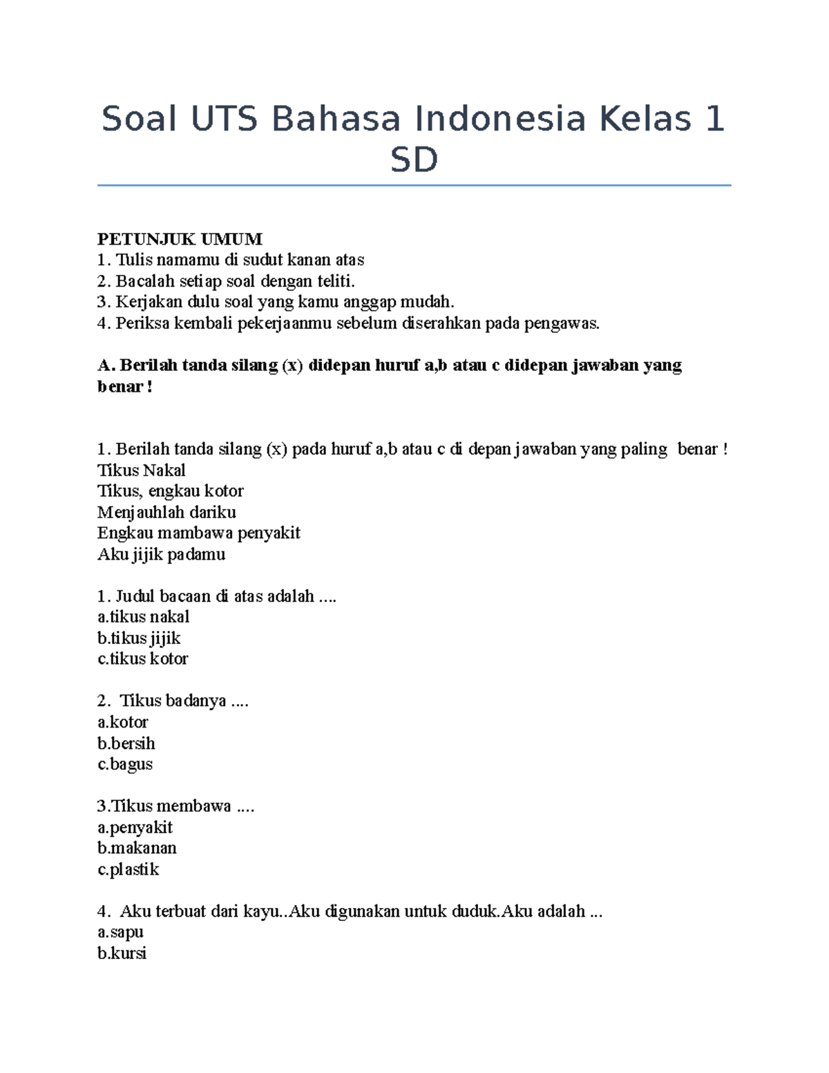 Contoh soal sd kelas 1 uts yang Bikin Anak Siap Hadapi 40 Soal PTS Bahasa Indonesia