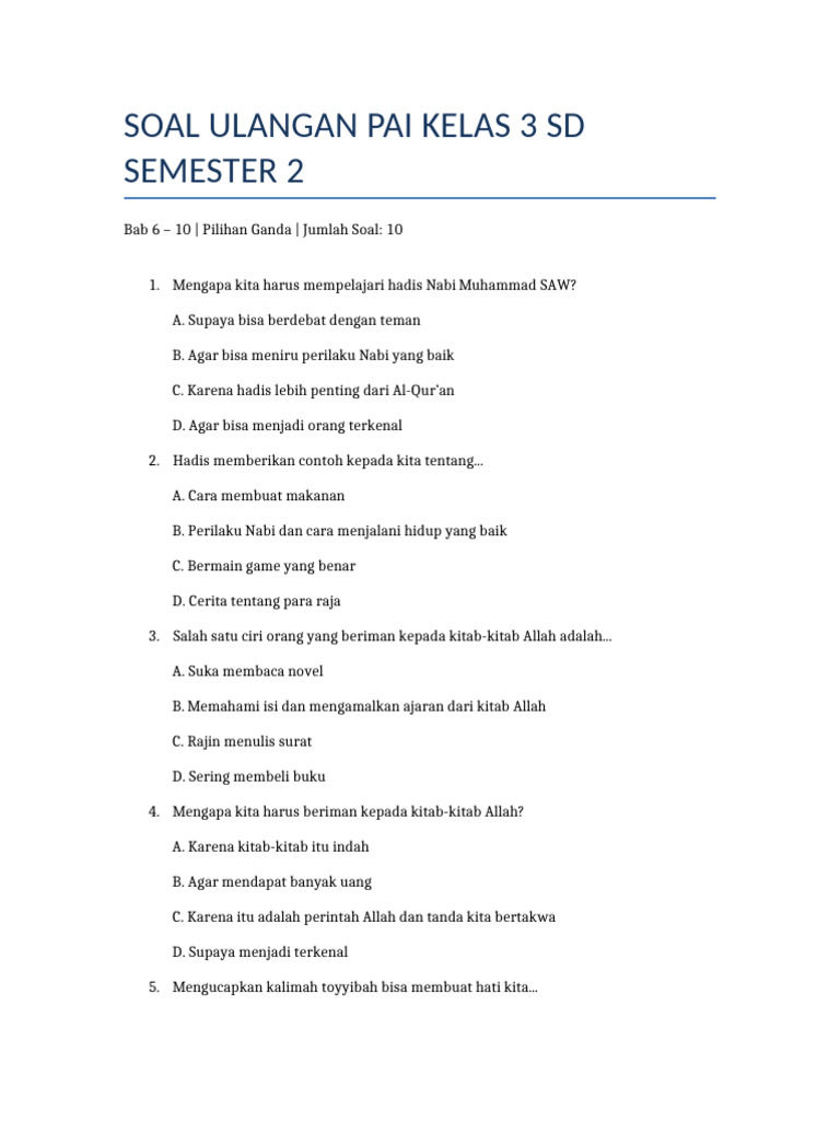 Rahasia Nilai Sempurna Bocoran Soal UAS PAI Semester 2 Kelas 3 SD yang Wajib Diketahui