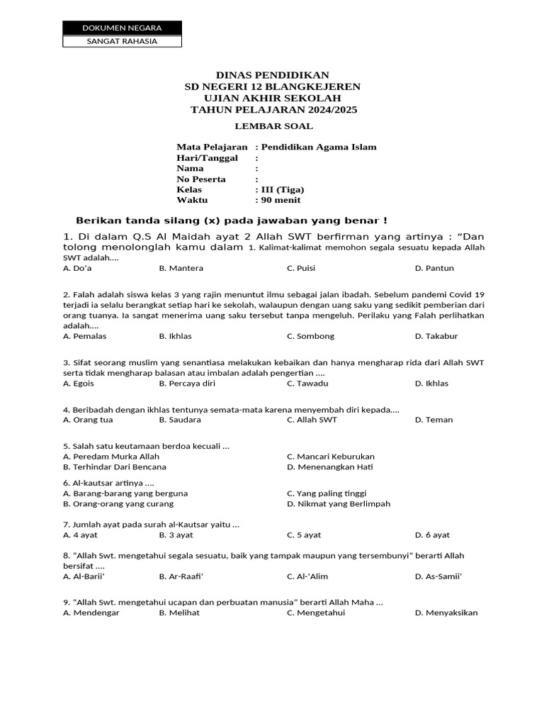Wajib Tahu Bocoran Soal UAS PAI Semester 2 Kelas 3 KTSP Agar Nilai Anak Langsung Melonjak