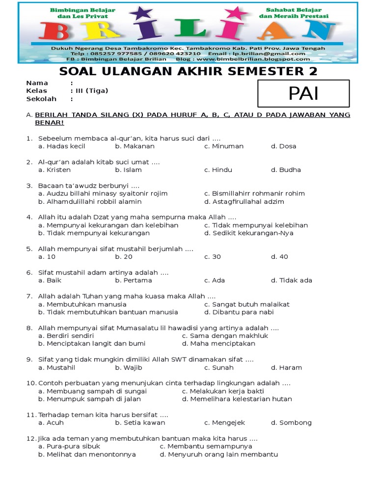Wajib Tahu Bocoran Soal UAS Pendidikan Agama Islam Kelas 3 SD Semester 2 Terbaru