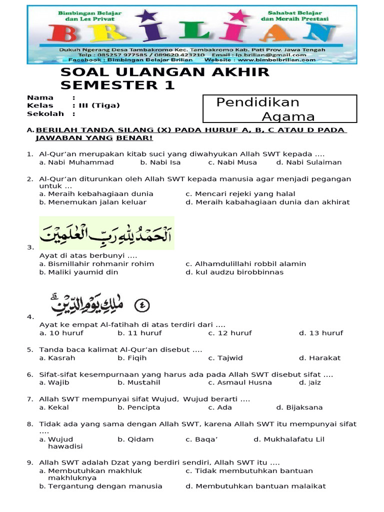 Wajib Tahu Bocoran Soal UAS Pendidikan Agama Islam SD Kelas 3 Semester 1 Terbaru