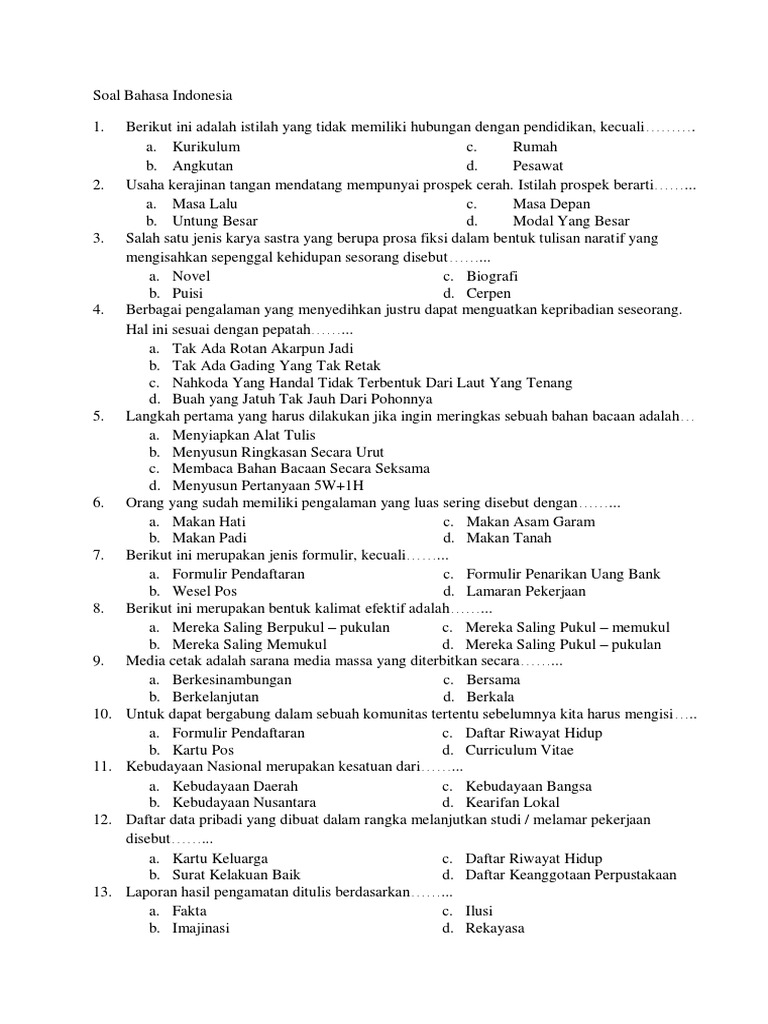 31 Soal Bahasa Indonesia Kelas X Semester 1 Dan Kunci Jawabannya 31 Soal Bahasa Indonesia Kelas X Semester 1 Dan Kunci Jawabannya