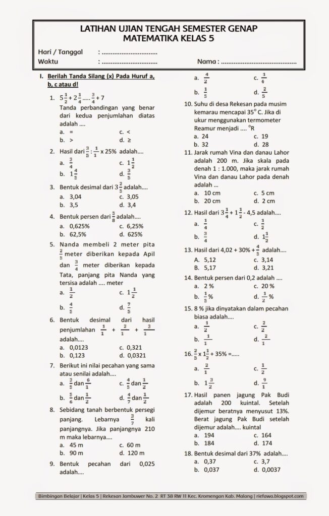 contoh soal matematika semester 2 kelas 4