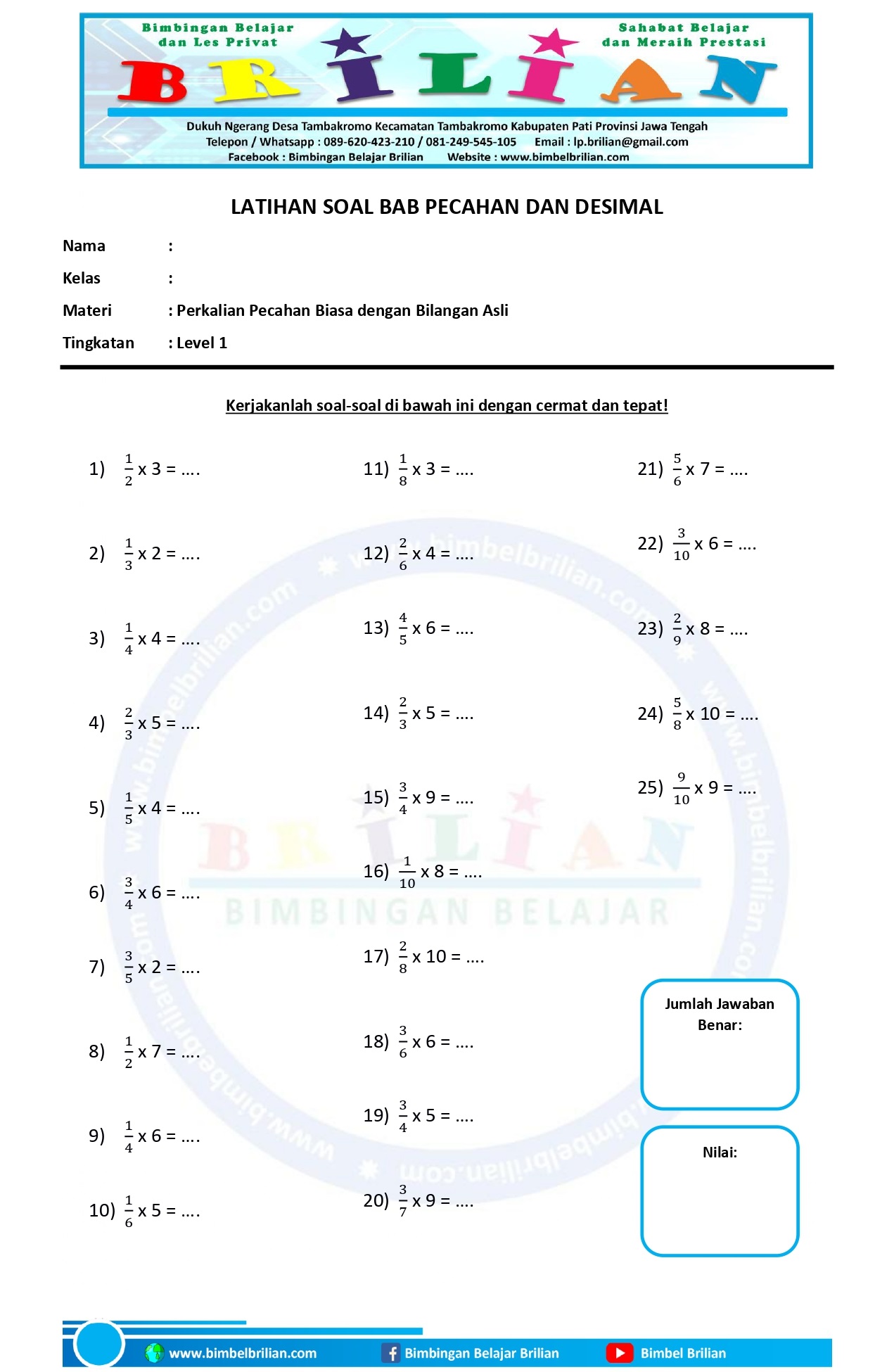 Soal Perkalian Pecahan Biasa dengan Bilangan Asli Level 1 Bimbel Brilian